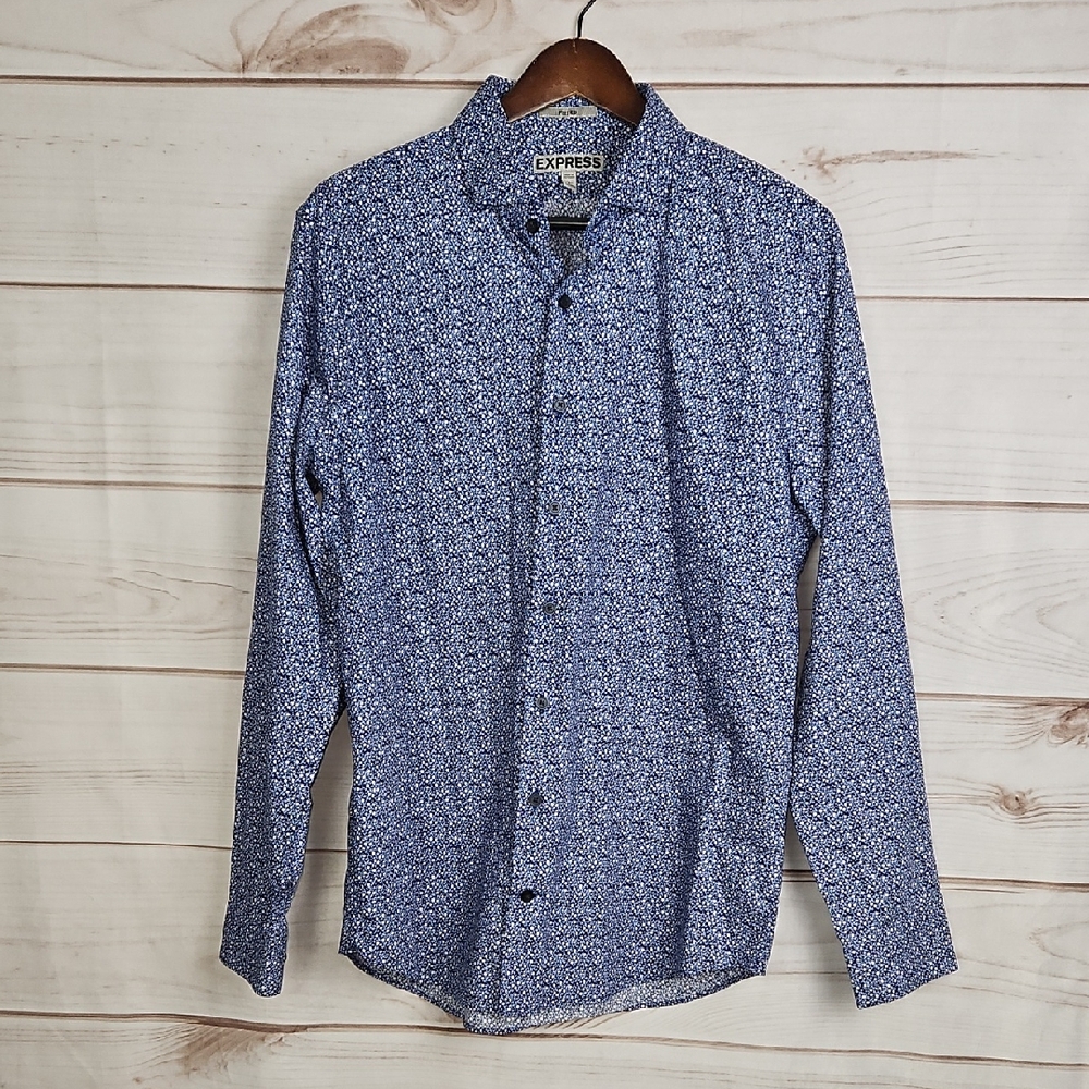 Express Button Up Shirt Mens Large Blue Long Sleeve Floral Leaf Fitted 16-16.5